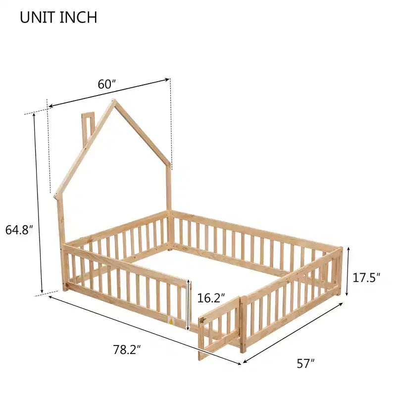 Lit cabane pleine grandeur pour enfants avec garde-corps, cadre de lit au sol en bois avec clôture pour chambre à coucher