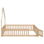 Lit cabane pleine grandeur pour enfants avec garde-corps, cadre de lit au sol en bois avec clôture pour chambre à coucher
