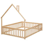 Lit cabane pleine grandeur pour enfants avec garde-corps, cadre de lit au sol en bois avec clôture pour chambre à coucher