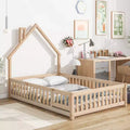 Full Size Kids House Shaped Bed with Guardrail, Wood Floor Bed Frame with Fence for Bedroom