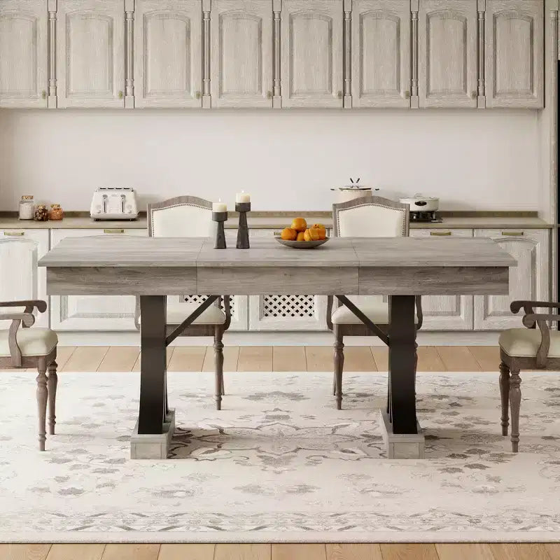 Table à manger de 71 pouces pour 6-8 personnes, Table de cuisine en bois avec 2 tiroirs, Table de salle à manger rectangulaire de style ferme avec double piédestal