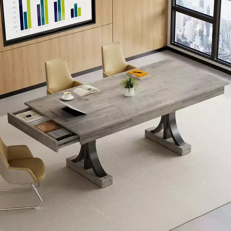 Table à manger de 71 pouces pour 6-8 personnes, Table de cuisine en bois avec 2 tiroirs, Table de salle à manger rectangulaire de style ferme avec double piédestal
