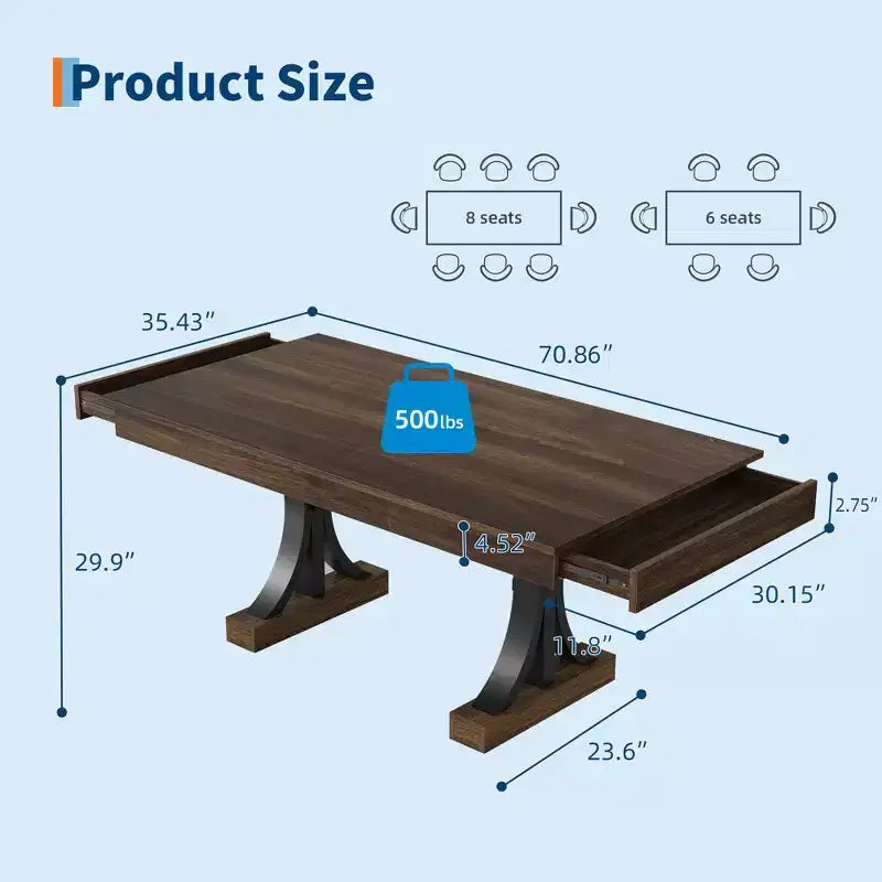 Table à manger de 71 pouces pour 6-8 personnes, Table de cuisine en bois avec 2 tiroirs, Table de salle à manger rectangulaire de style ferme avec double piédestal