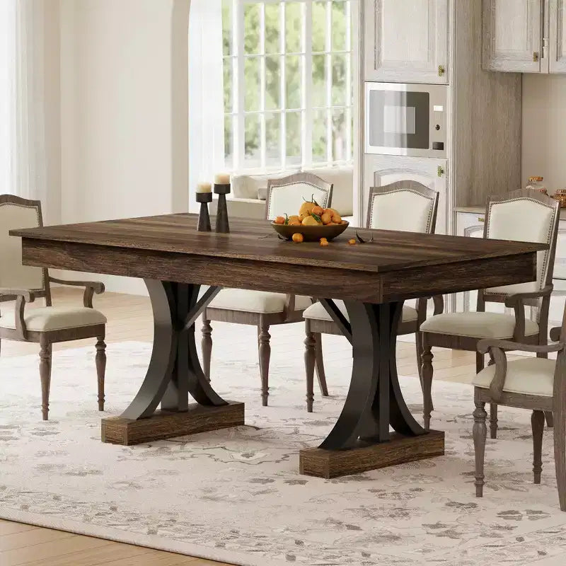 Table à manger de 71 pouces pour 6-8 personnes, Table de cuisine en bois avec 2 tiroirs, Table de salle à manger rectangulaire de style ferme avec double piédestal