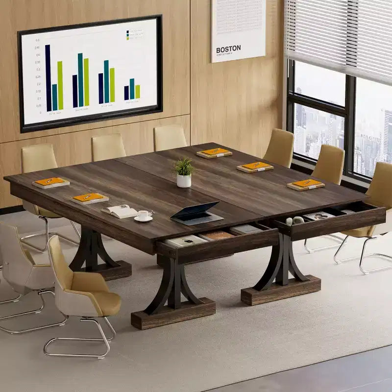 Table à manger de 71 pouces pour 6-8 personnes, Table de cuisine en bois avec 2 tiroirs, Table de salle à manger rectangulaire de style ferme avec double piédestal