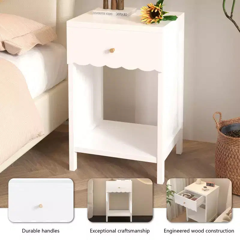 Table de chevet blanche moderne avec tiroir et étagère ouverte, Table de chevet à bords festonnés pour chambre à coucher, Petite table d'appoint minimaliste pour chambre d'enfant ou de fille