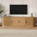 JVNOXK Farmhouse-Style Grooved Sliding Rolling Door TV Cabinet Suitable for TVs up to 75 inches Features storage space and handles Natural wood