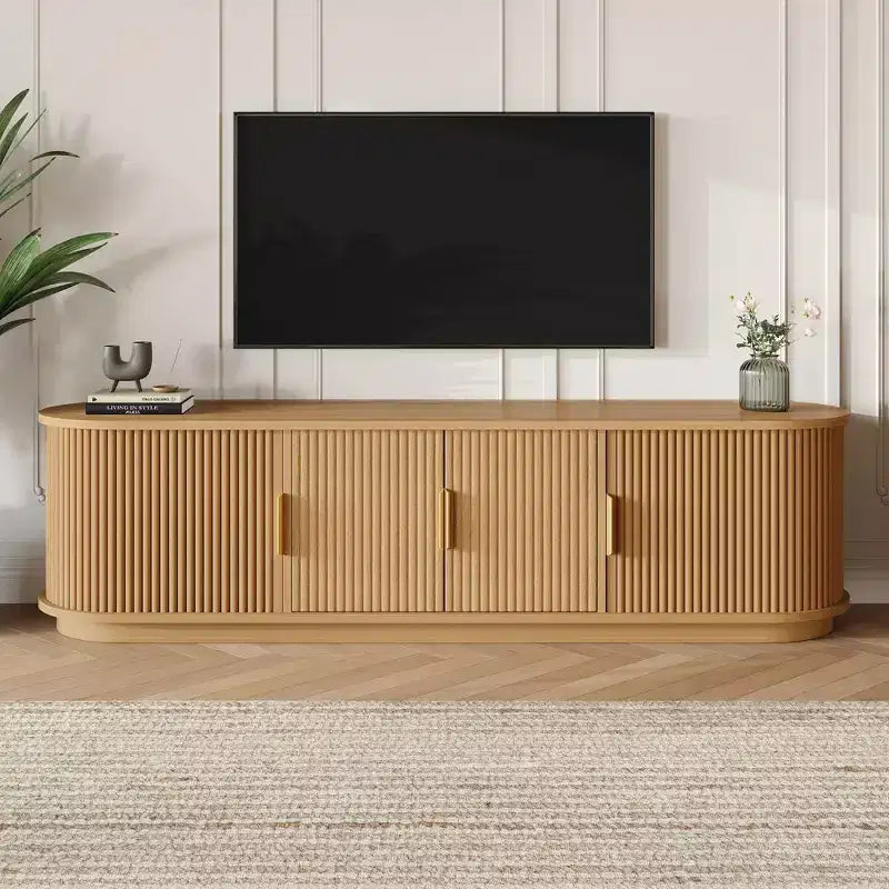 JVNOXK Farmhouse-Style Grooved Sliding Rolling Door TV Cabinet Suitable for TVs up to 75 inches Features storage space and handles Natural wood