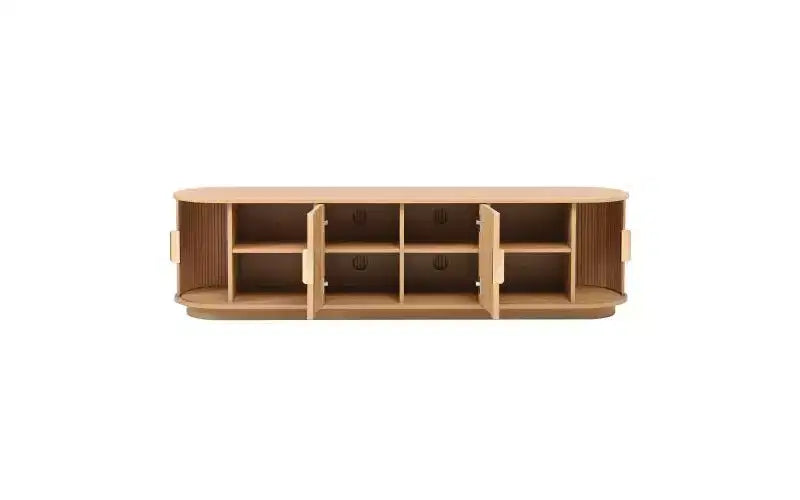 Meuble TV coulissant à rainures de style rustique JVNOXK, adapté aux téléviseurs jusqu'à 75 pouces, avec espace de rangement et poignées, en bois naturel
