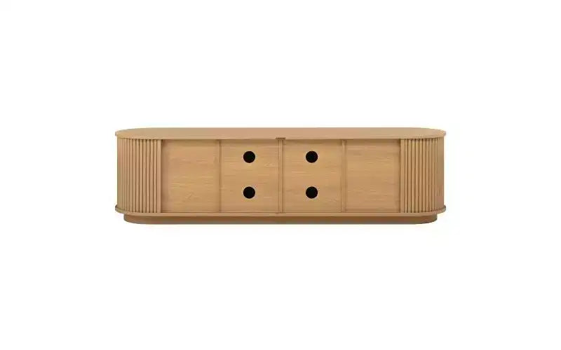 Meuble TV coulissant à rainures de style rustique JVNOXK, adapté aux téléviseurs jusqu'à 75 pouces, avec espace de rangement et poignées, en bois naturel