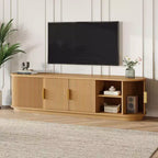 Meuble TV coulissant à rainures de style rustique JVNOXK, adapté aux téléviseurs jusqu'à 75 pouces, avec espace de rangement et poignées, en bois naturel
