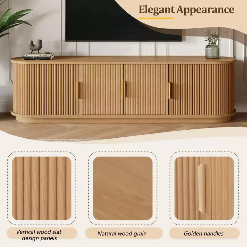 Meuble TV coulissant à rainures de style rustique JVNOXK, adapté aux téléviseurs jusqu'à 75 pouces, avec espace de rangement et poignées, en bois naturel