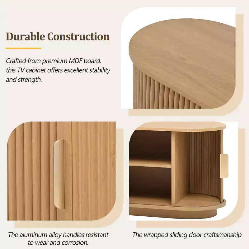 Meuble TV coulissant à rainures de style rustique JVNOXK, adapté aux téléviseurs jusqu'à 75 pouces, avec espace de rangement et poignées, en bois naturel