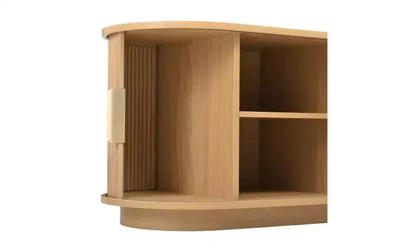 Meuble TV coulissant à rainures de style rustique JVNOXK, adapté aux téléviseurs jusqu'à 75 pouces, avec espace de rangement et poignées, en bois naturel