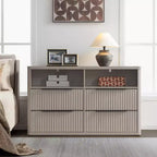 COMMODE BALHAM TRADE - Commode moderne de 143,5 cm de large pour chambre à coucher avec 4 tiroirs et étagère ouverte cannelée pour rangement de placard