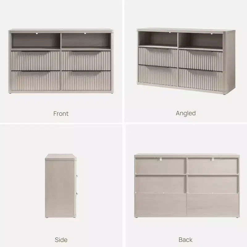 COMMODE BALHAM TRADE - Commode moderne de 143,5 cm de large pour chambre à coucher avec 4 tiroirs et étagère ouverte cannelée pour rangement de placard