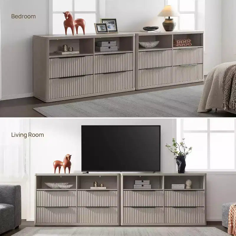 COMMODE BALHAM TRADE - Commode moderne de 143,5 cm de large pour chambre à coucher avec 4 tiroirs et étagère ouverte cannelée pour rangement de placard