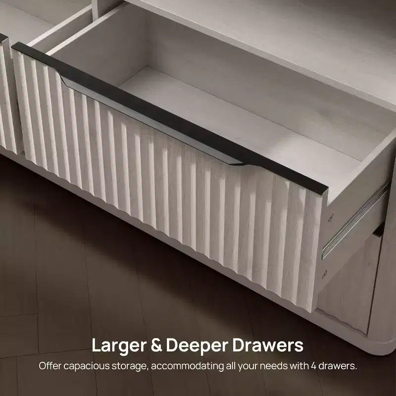 COMMODE BALHAM TRADE - Commode moderne de 143,5 cm de large pour chambre à coucher avec 4 tiroirs et étagère ouverte cannelée pour rangement de placard