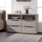 COMMODE BALHAM TRADE - Commode moderne de 143,5 cm de large pour chambre à coucher avec 4 tiroirs et étagère ouverte cannelée pour rangement de placard