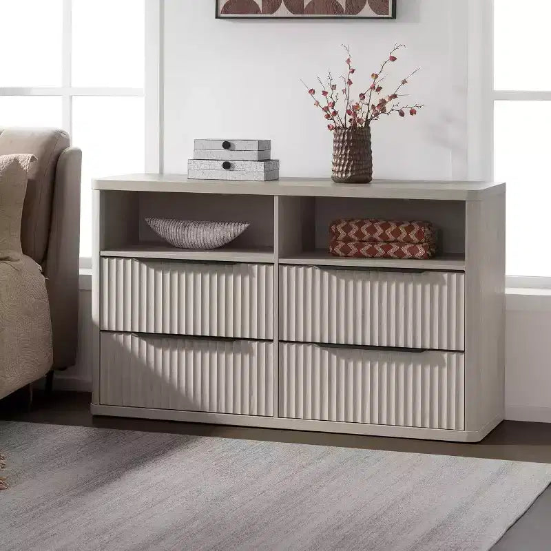 COMMODE BALHAM TRADE - Commode moderne de 143,5 cm de large pour chambre à coucher avec 4 tiroirs et étagère ouverte cannelée pour rangement de placard