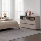 COMMODE BALHAM TRADE - Commode moderne de 143,5 cm de large pour chambre à coucher avec 4 tiroirs et étagère ouverte cannelée pour rangement de placard