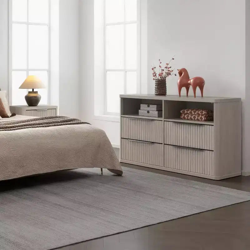 COMMODE BALHAM TRADE - Commode moderne de 143,5 cm de large pour chambre à coucher avec 4 tiroirs et étagère ouverte cannelée pour rangement de placard