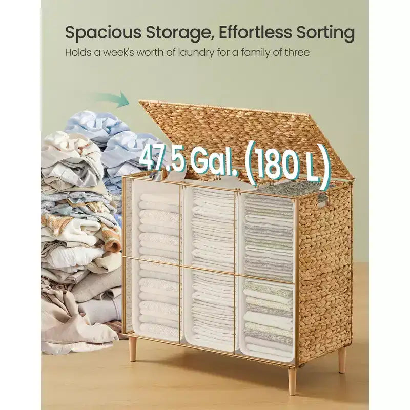 SONGMICS Panier à linge à 3 sections, 180 L, en jacinthe d'eau tressée à la main, avec couvercle, doublures amovibles et lavables, poignées, naturel