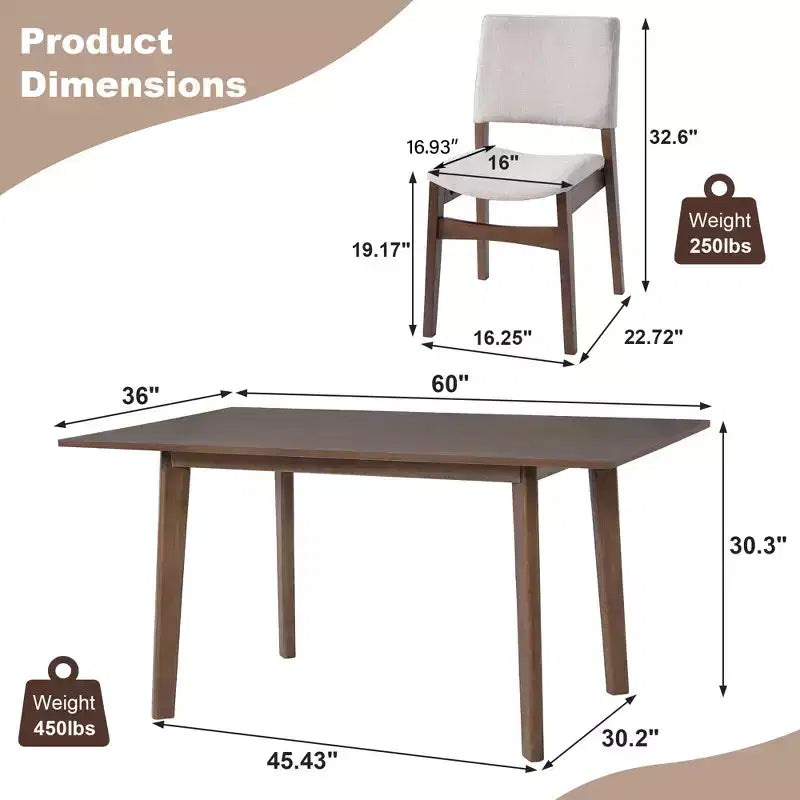 Ensemble de salle à manger moderne 5 pièces Polibi avec table en bois massif et 4 chaises rembourrées en lin