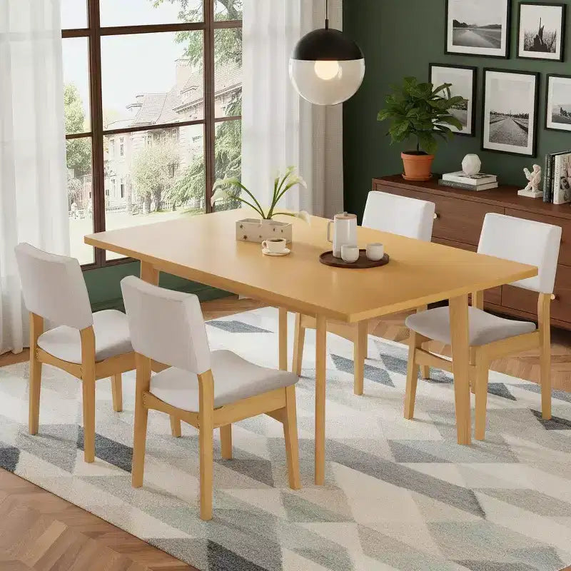 Ensemble de salle à manger moderne 5 pièces Polibi avec table en bois massif et 4 chaises rembourrées en lin