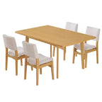 Ensemble de salle à manger moderne 5 pièces Polibi avec table en bois massif et 4 chaises rembourrées en lin