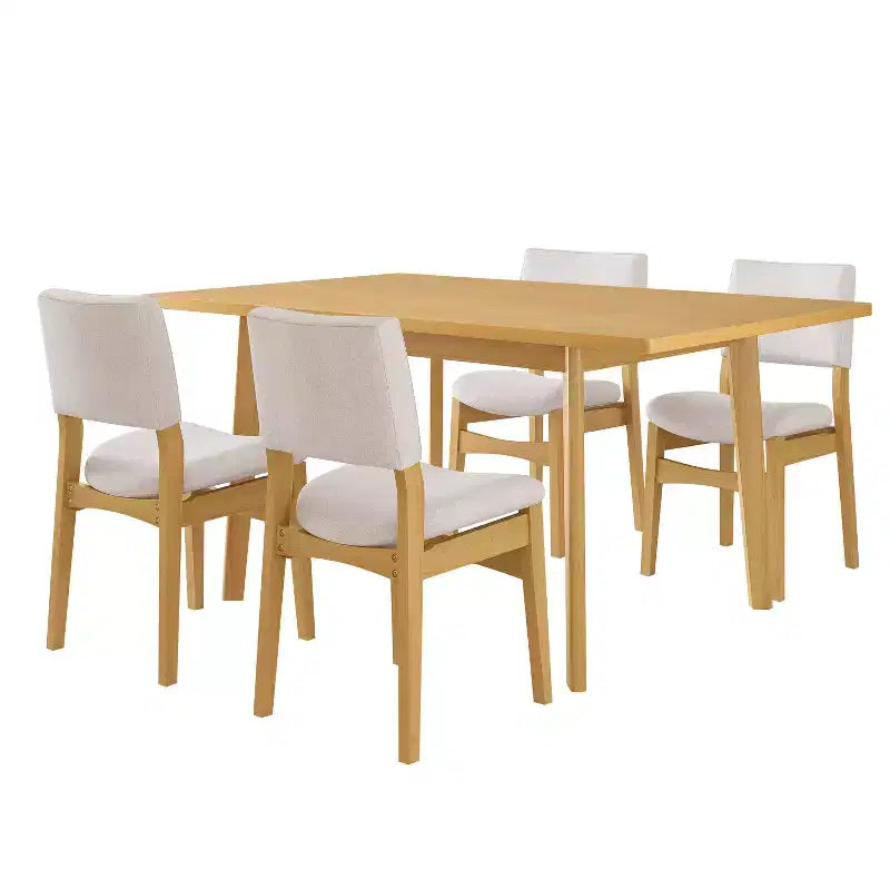 Ensemble de salle à manger moderne 5 pièces Polibi avec table en bois massif et 4 chaises rembourrées en lin