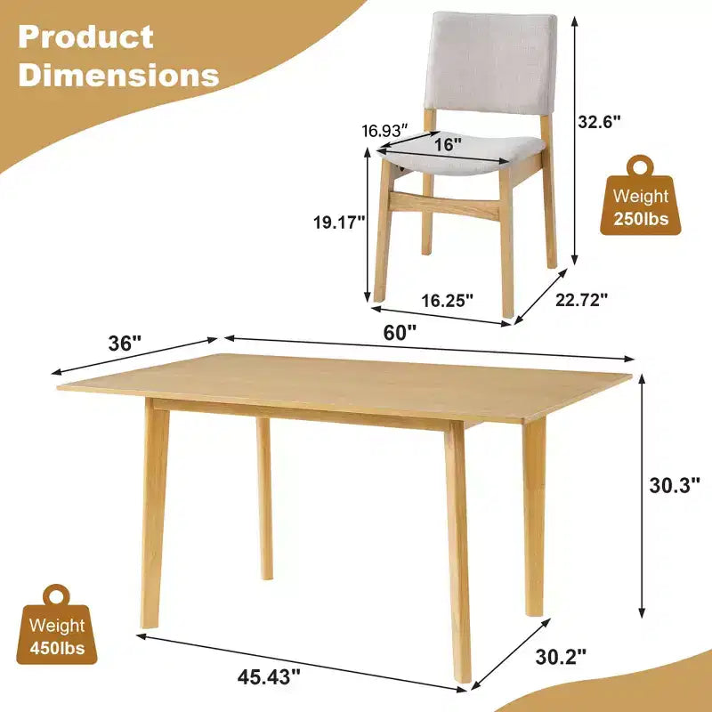 Ensemble de salle à manger moderne 5 pièces Polibi avec table en bois massif et 4 chaises rembourrées en lin
