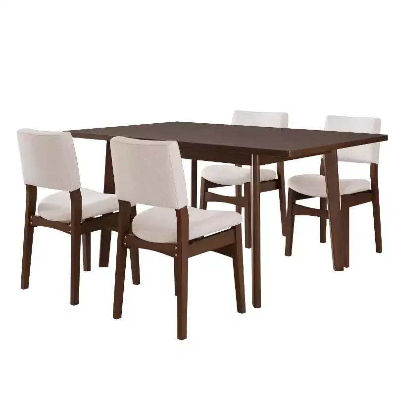 Ensemble de salle à manger moderne 5 pièces Polibi avec table en bois massif et 4 chaises rembourrées en lin