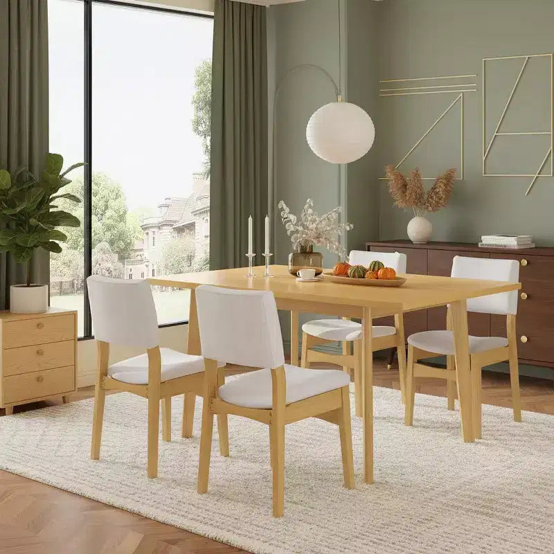 Ensemble de salle à manger moderne 5 pièces Polibi avec table en bois massif et 4 chaises rembourrées en lin