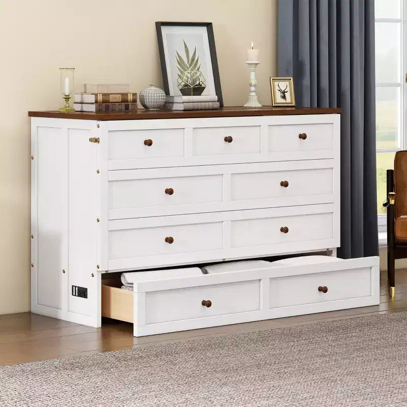 Lit escamotable grand lit/queen-size avec grand tiroir de rangement, lit armoire en bois avec station de recharge, lit mural pliant pour petit espace