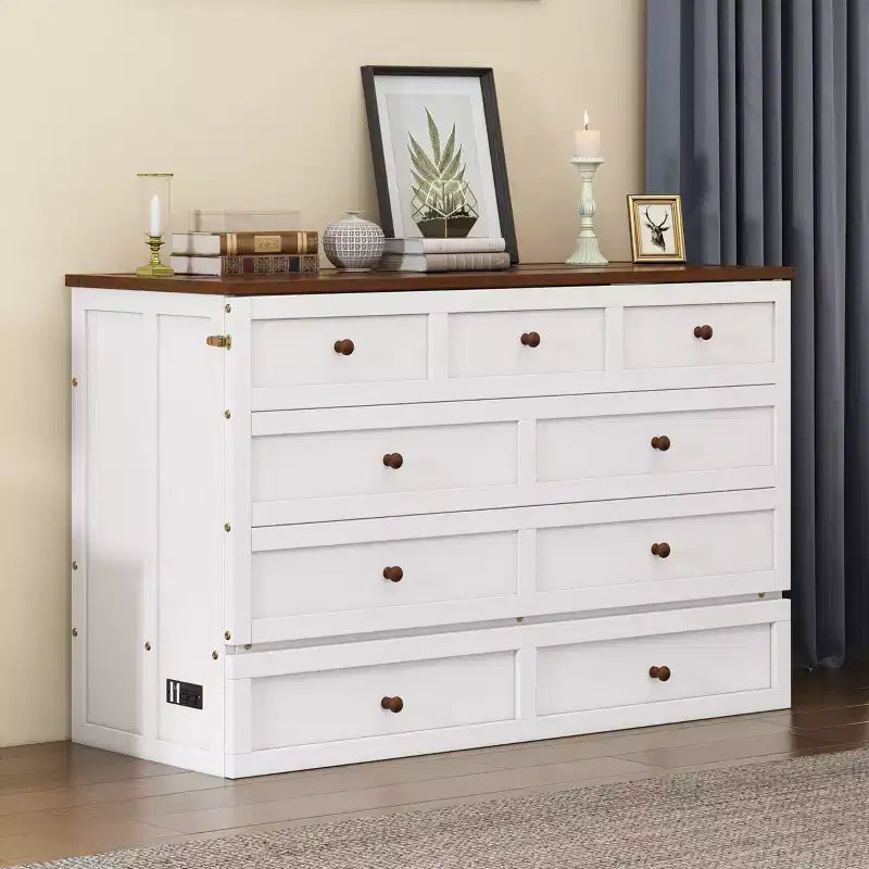 Lit escamotable grand lit/queen-size avec grand tiroir de rangement, lit armoire en bois avec station de recharge, lit mural pliant pour petit espace