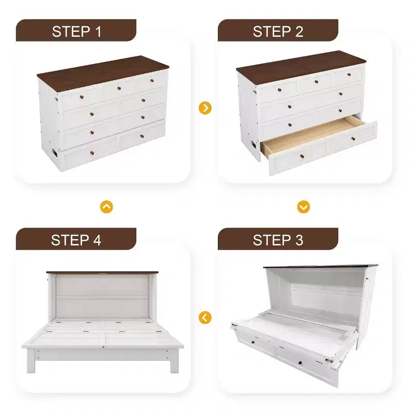 Lit escamotable grand lit/queen-size avec grand tiroir de rangement, lit armoire en bois avec station de recharge, lit mural pliant pour petit espace
