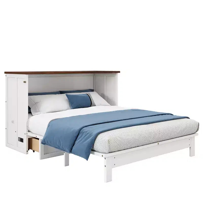 Lit escamotable grand lit/queen-size avec grand tiroir de rangement, lit armoire en bois avec station de recharge, lit mural pliant pour petit espace