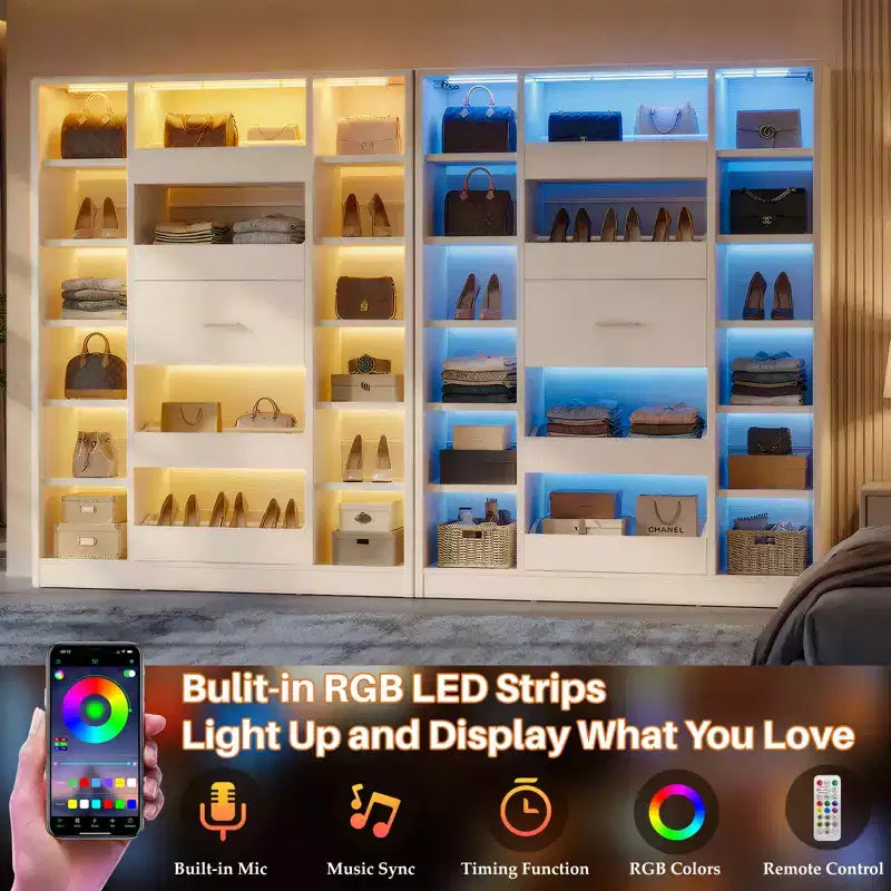 Meuble à chaussures en bois Besiost avec lumières LED, organisateur de placard autoportant avec tiroir et étagères