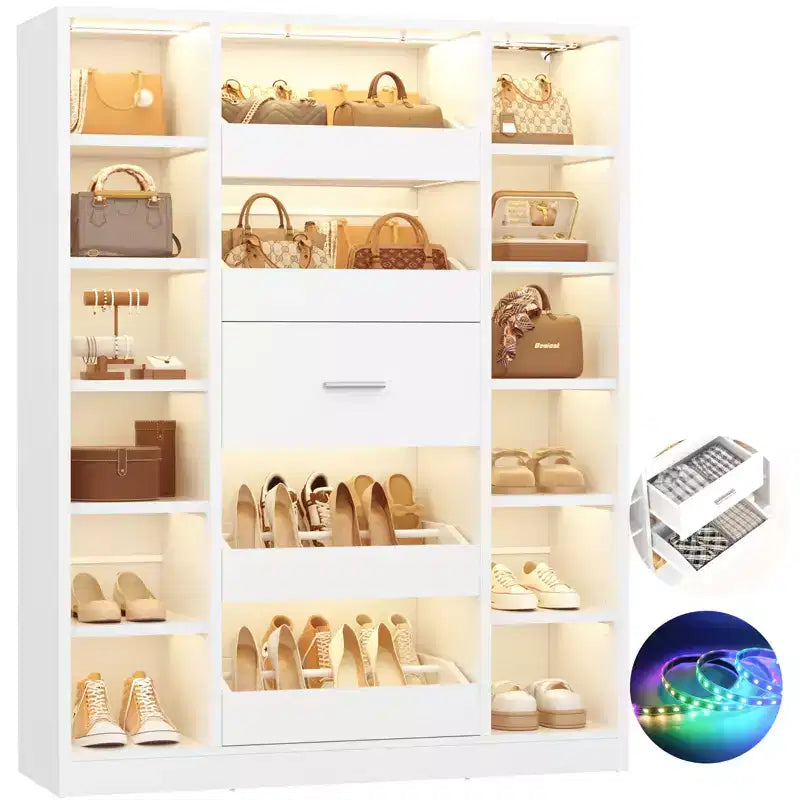 Meuble à chaussures en bois Besiost avec lumières LED, organisateur de placard autoportant avec tiroir et étagères