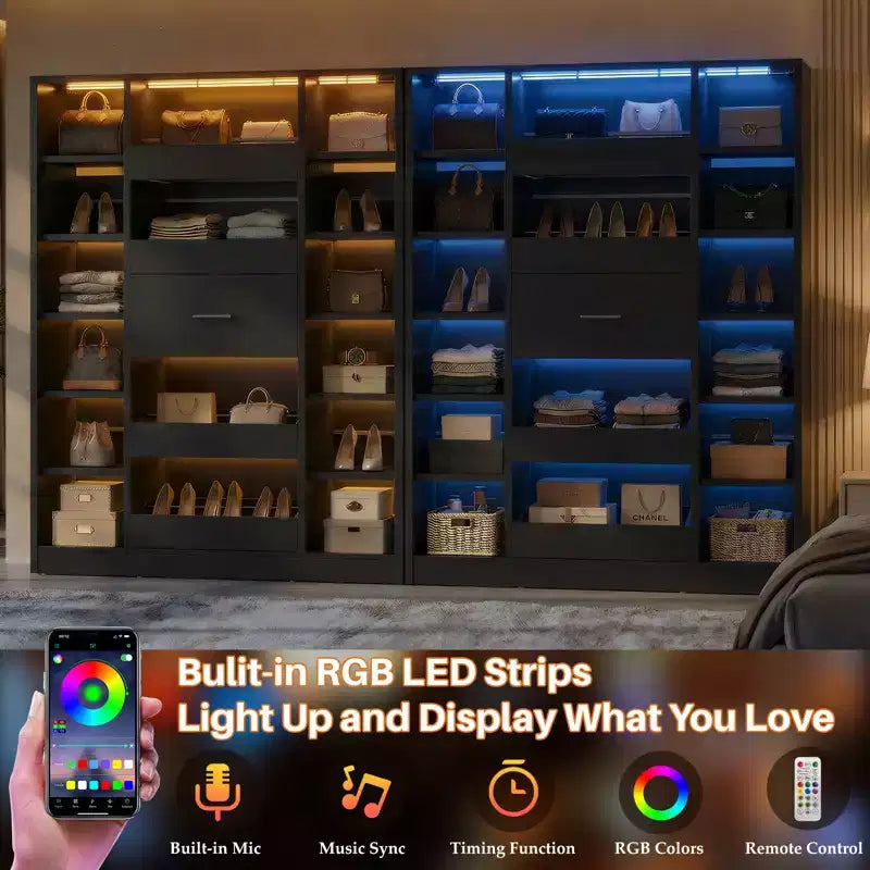 Meuble à chaussures en bois Besiost avec lumières LED, organisateur de placard autoportant avec tiroir et étagères