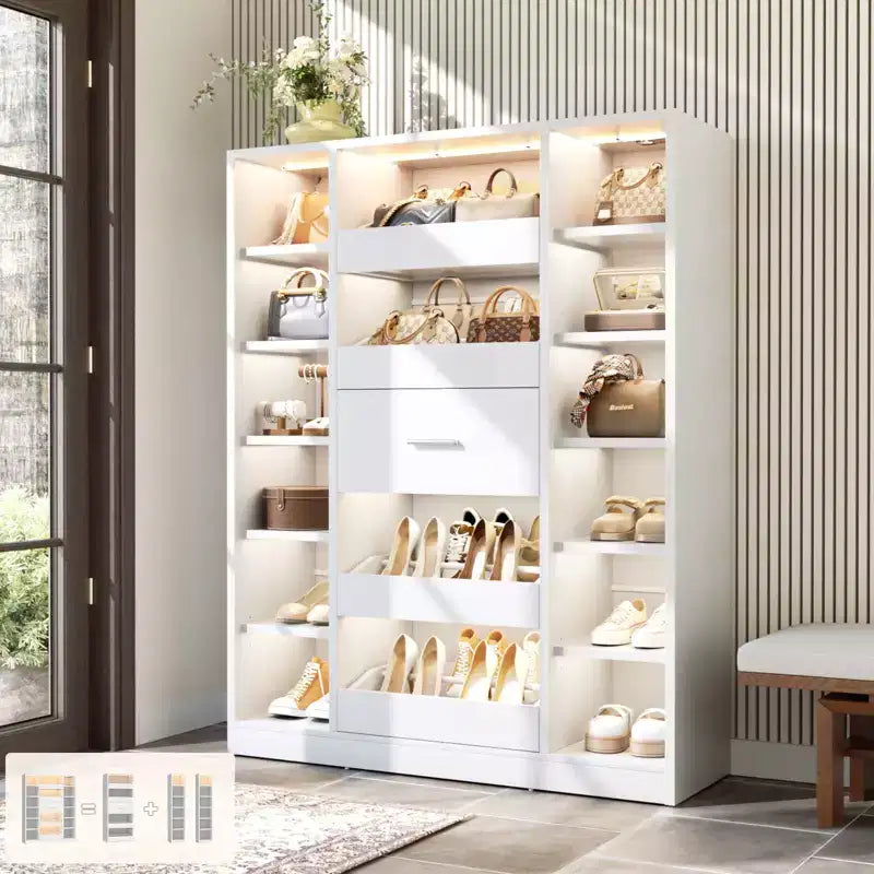 Meuble à chaussures en bois Besiost avec lumières LED, organisateur de placard autoportant avec tiroir et étagères