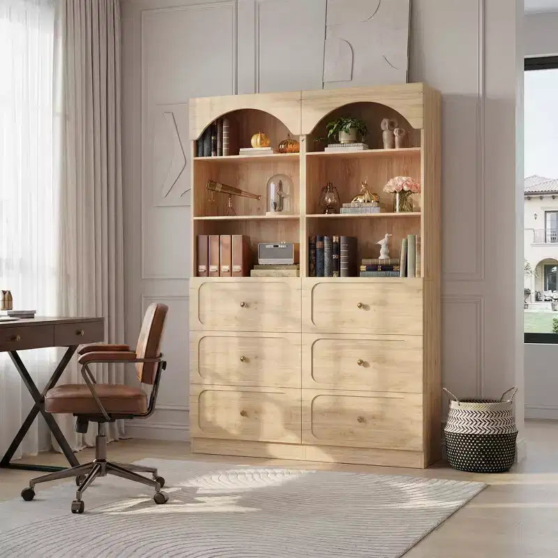 Meubles de rangement de garde-manger en bois Besiost avec étagères ouvertes à 3 niveaux, bibliothèque haute de 80 cm avec 3 tiroirs