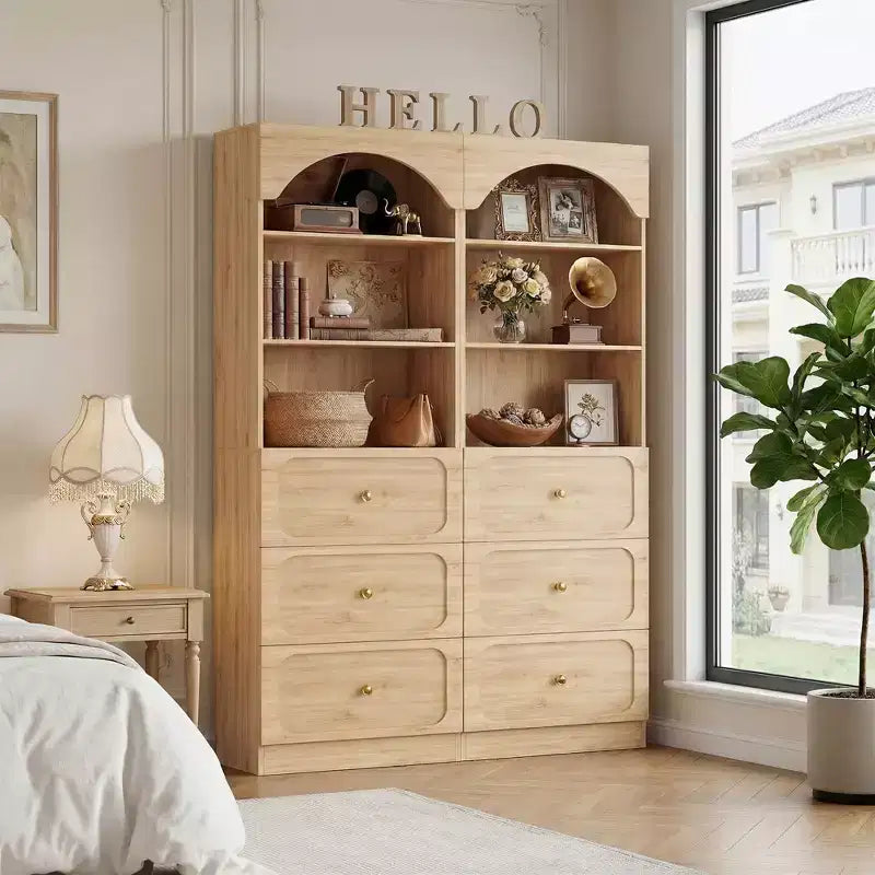 Meubles de rangement de garde-manger en bois Besiost avec étagères ouvertes à 3 niveaux, bibliothèque haute de 80 cm avec 3 tiroirs