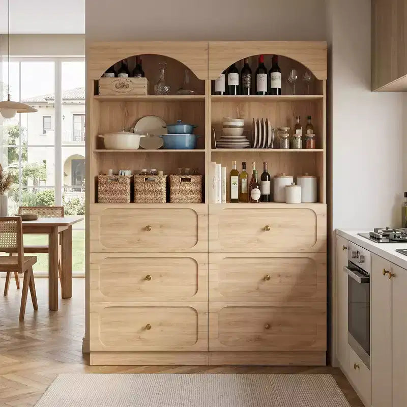 Meubles de rangement de garde-manger en bois Besiost avec étagères ouvertes à 3 niveaux, bibliothèque haute de 80 cm avec 3 tiroirs