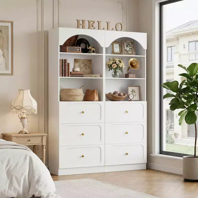 Meubles de rangement de garde-manger en bois Besiost avec étagères ouvertes à 3 niveaux, bibliothèque haute de 80 cm avec 3 tiroirs