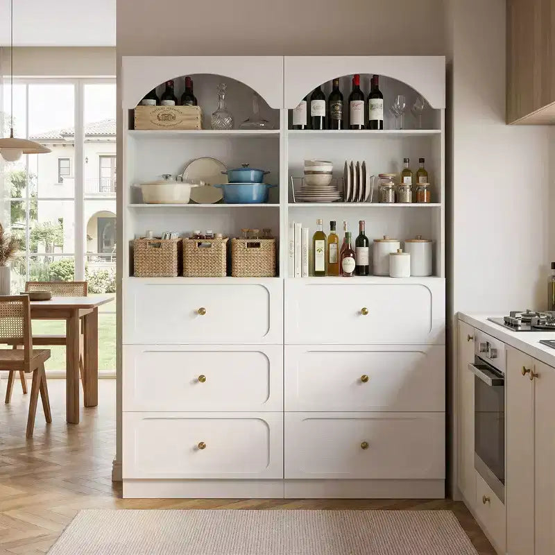 Meubles de rangement de garde-manger en bois Besiost avec étagères ouvertes à 3 niveaux, bibliothèque haute de 80 cm avec 3 tiroirs