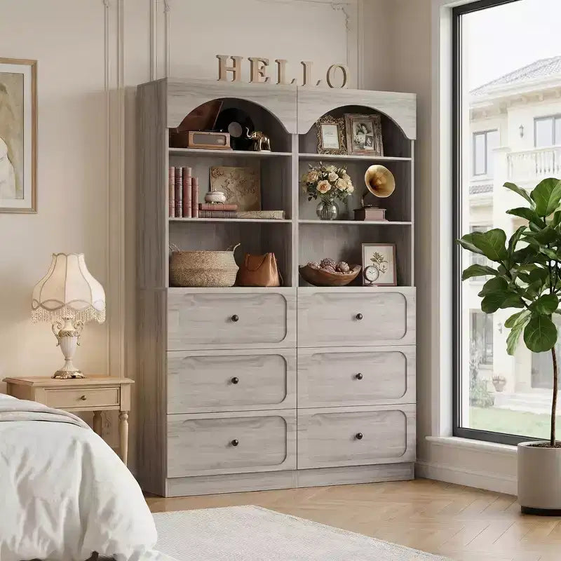 Meubles de rangement de garde-manger en bois Besiost avec étagères ouvertes à 3 niveaux, bibliothèque haute de 80 cm avec 3 tiroirs