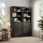 Besiost Wooden Pantry Storage Cabinets with 3-Tier Open Shelves, 80 Tall Bookshelf with 3 Drawers
