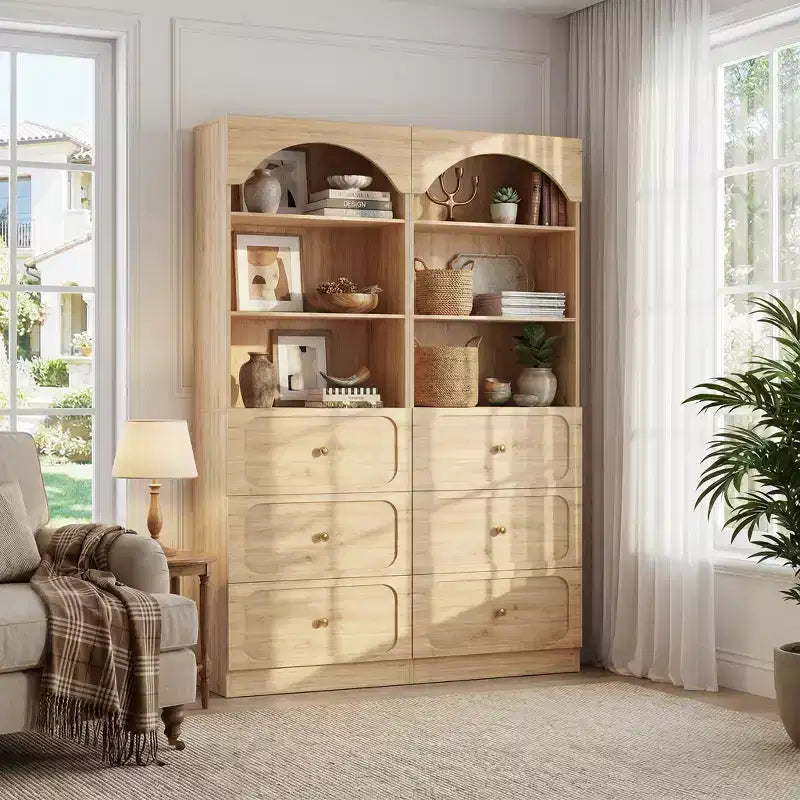 Meubles de rangement de garde-manger en bois Besiost avec étagères ouvertes à 3 niveaux, bibliothèque haute de 80 cm avec 3 tiroirs